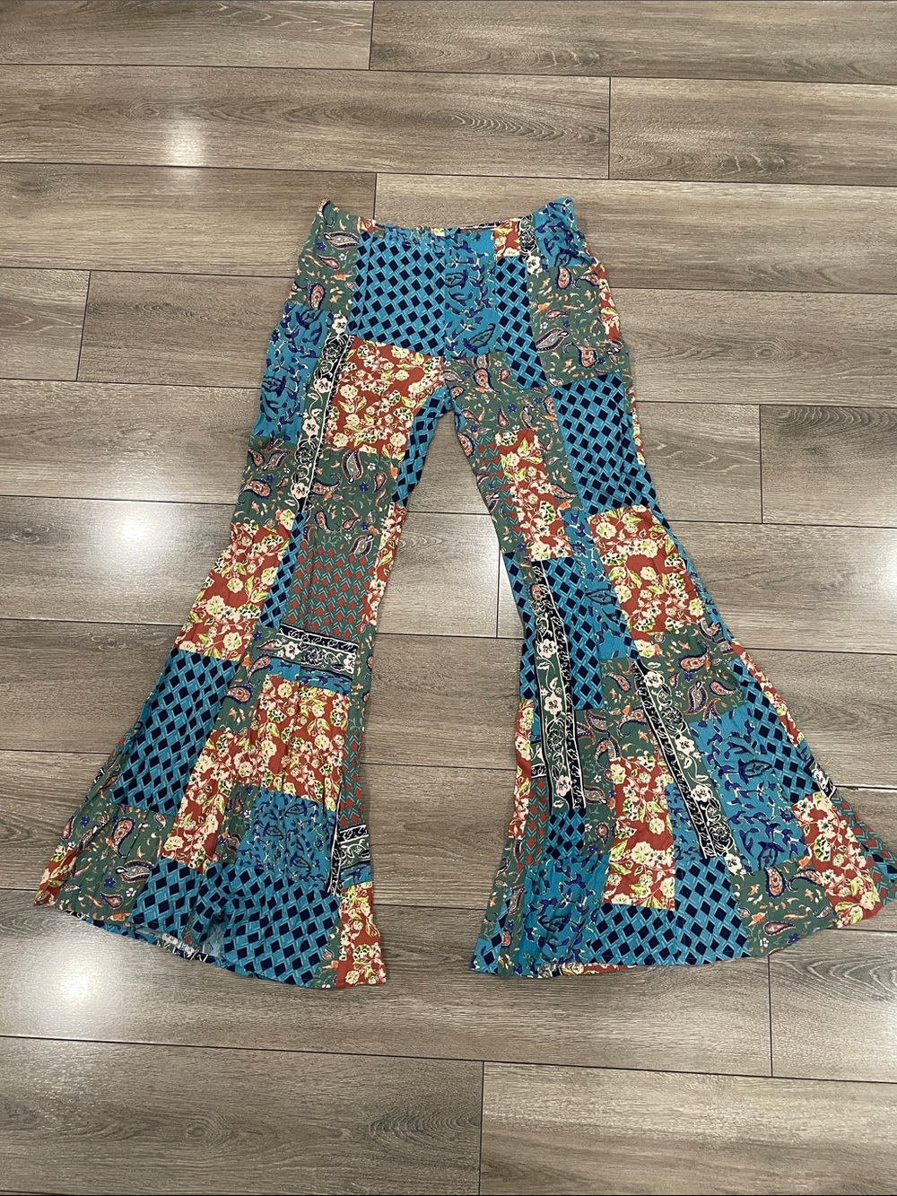 Patchwork Boot-Flare Pants in Teal and Rust - Unbranded